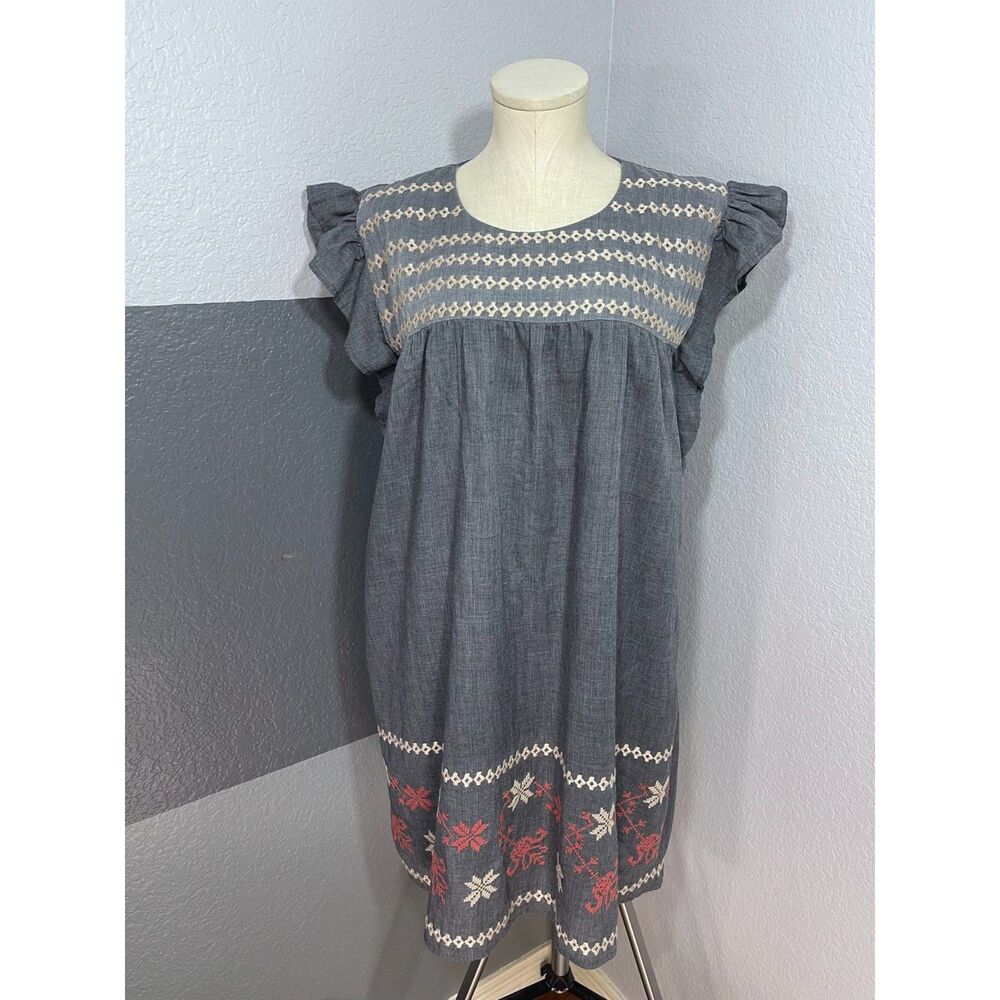 THML Embroidered Flutter Sleeve Cotton Linen Dress S Grey Boho Minimalistic Mini